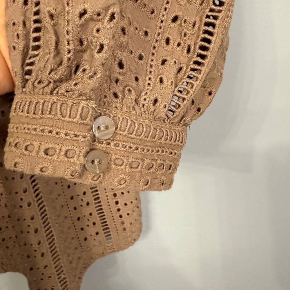 #10) Joie Cotton Tan/Brown Eyelet Blouse - Picture 4 of 7